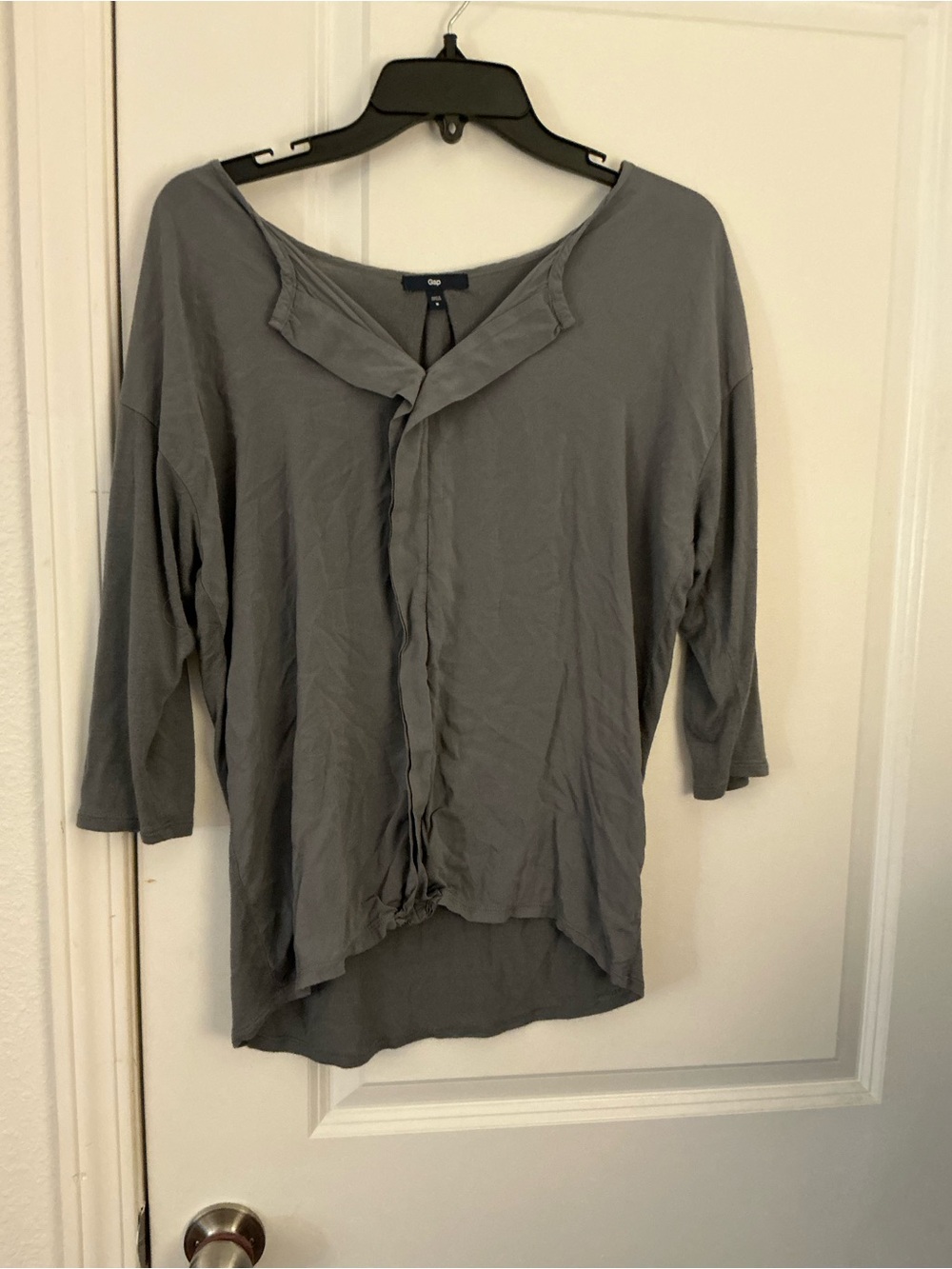 Gap Charcoal Grey Slouchy Dolman 3/4 Sleeve Split V-Neck Blouse M